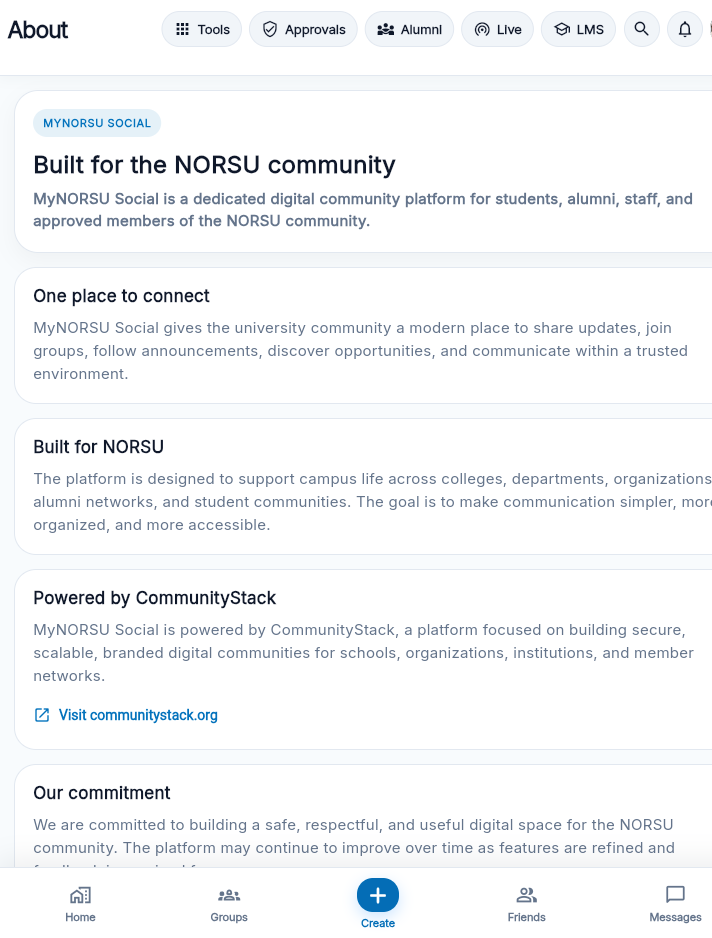 Reporting and safety screen inside the MyNORSU Social app