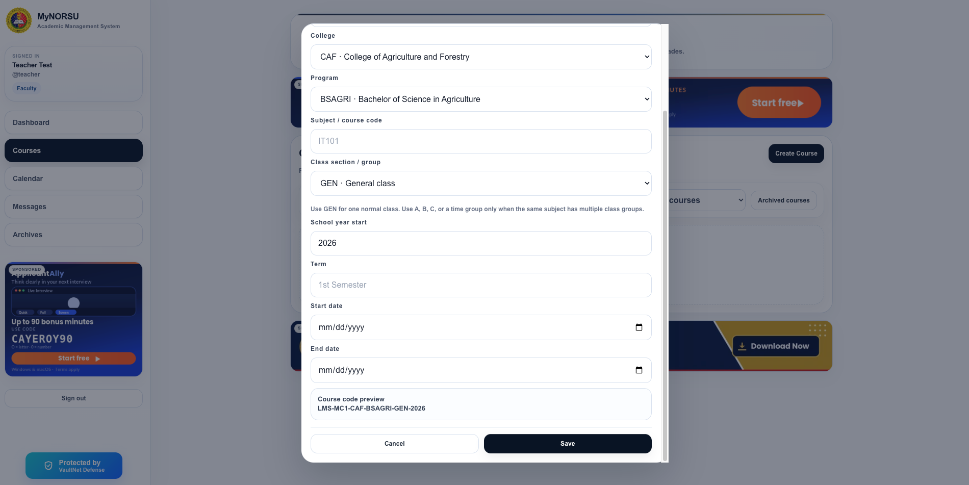 MyNORSU LMS faculty course creation form showing college, program, subject code, class section, school year, term, and course dates