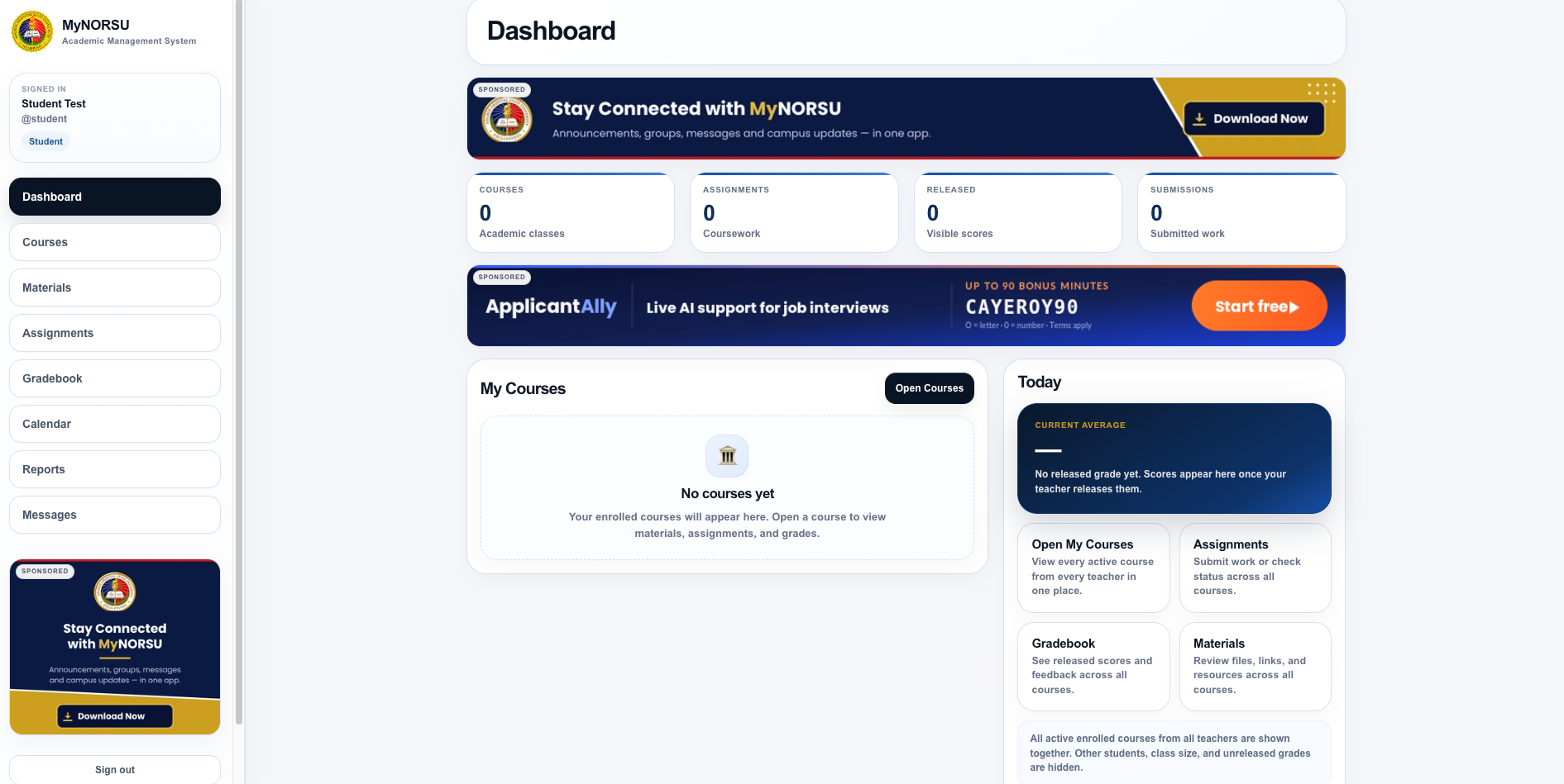 MyNORSU LMS student dashboard showing the course area, assignments, gradebook, materials, calendar, reports, and messages