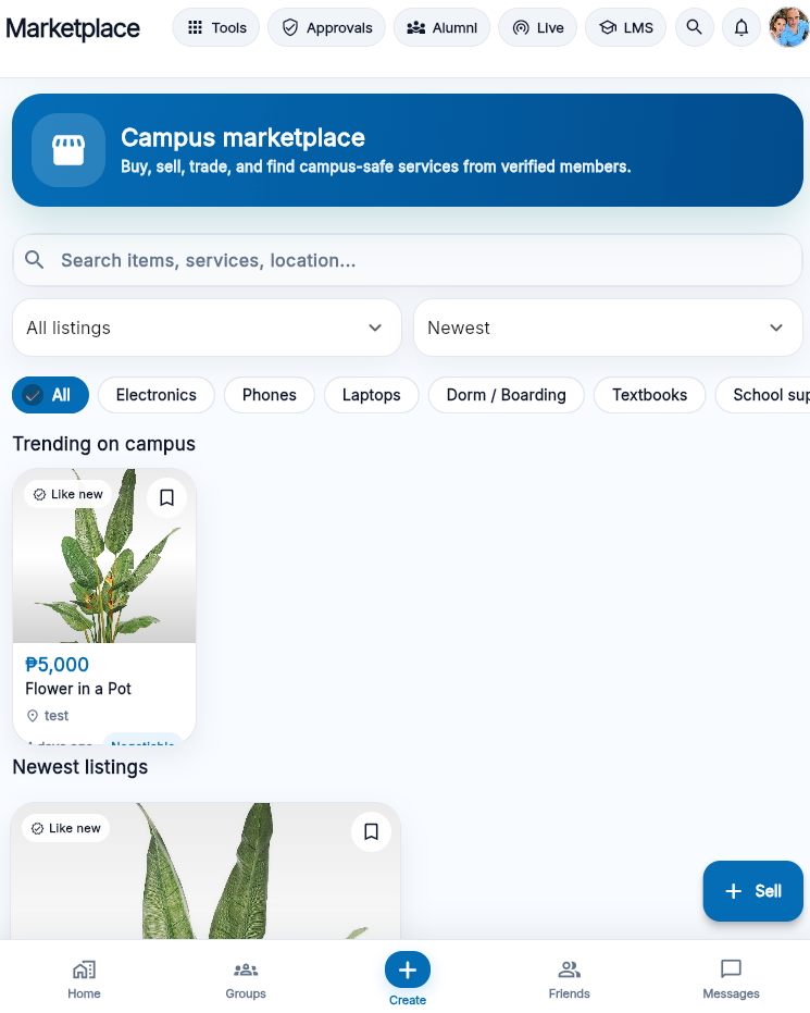 Marketplace listing screen inside the MyNORSU Social app