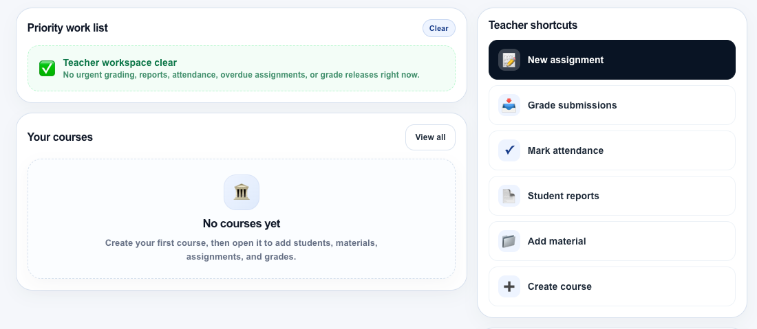 MyNORSU LMS faculty dashboard showing the Add material teacher shortcut