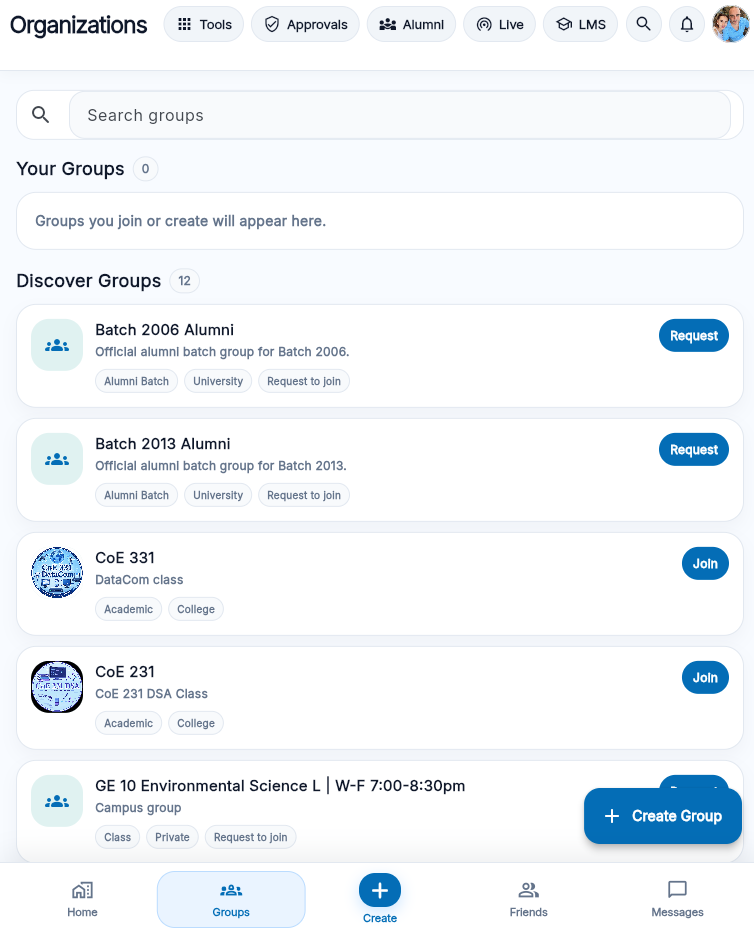 Student organization page inside the MyNORSU Social app